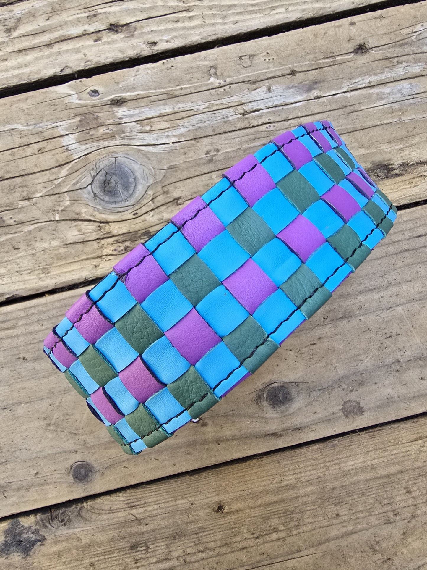 NO-WASTE collar. Blue, purple, green. Woven and unpadded. *** markings
