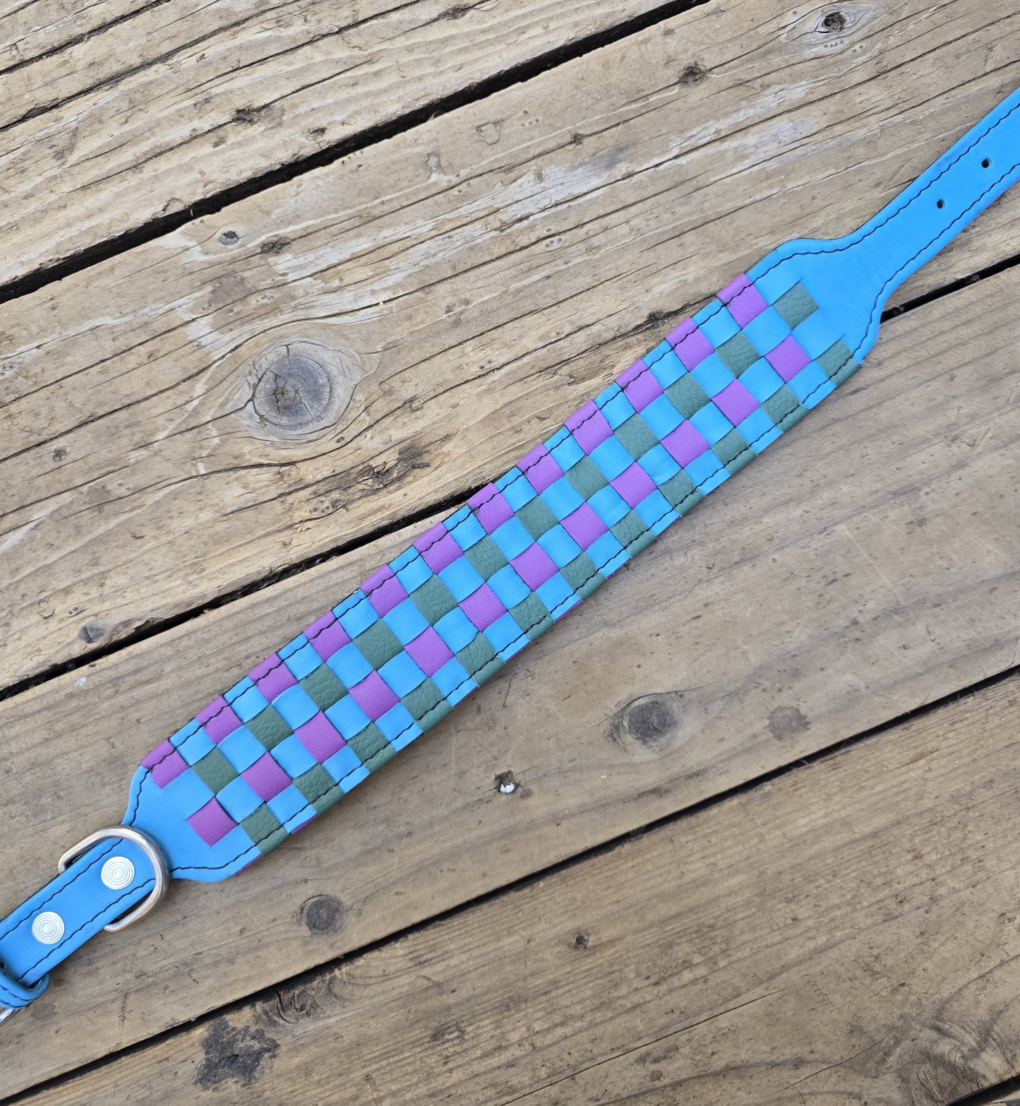 NO-WASTE collar. Blue, purple, green. Woven and unpadded. *** markings